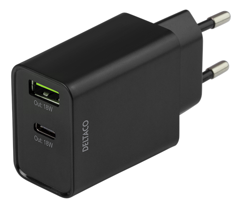 Įkroviklis DELTACO 1xUSB-A, 1xUSB-C, PD, 18W, juodas / USBC-AC135