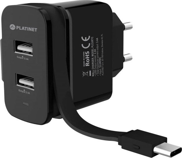 Mob.telefono tinklo įkroviklis Platinet 2xUSB 3,4A + USB-C (44654)