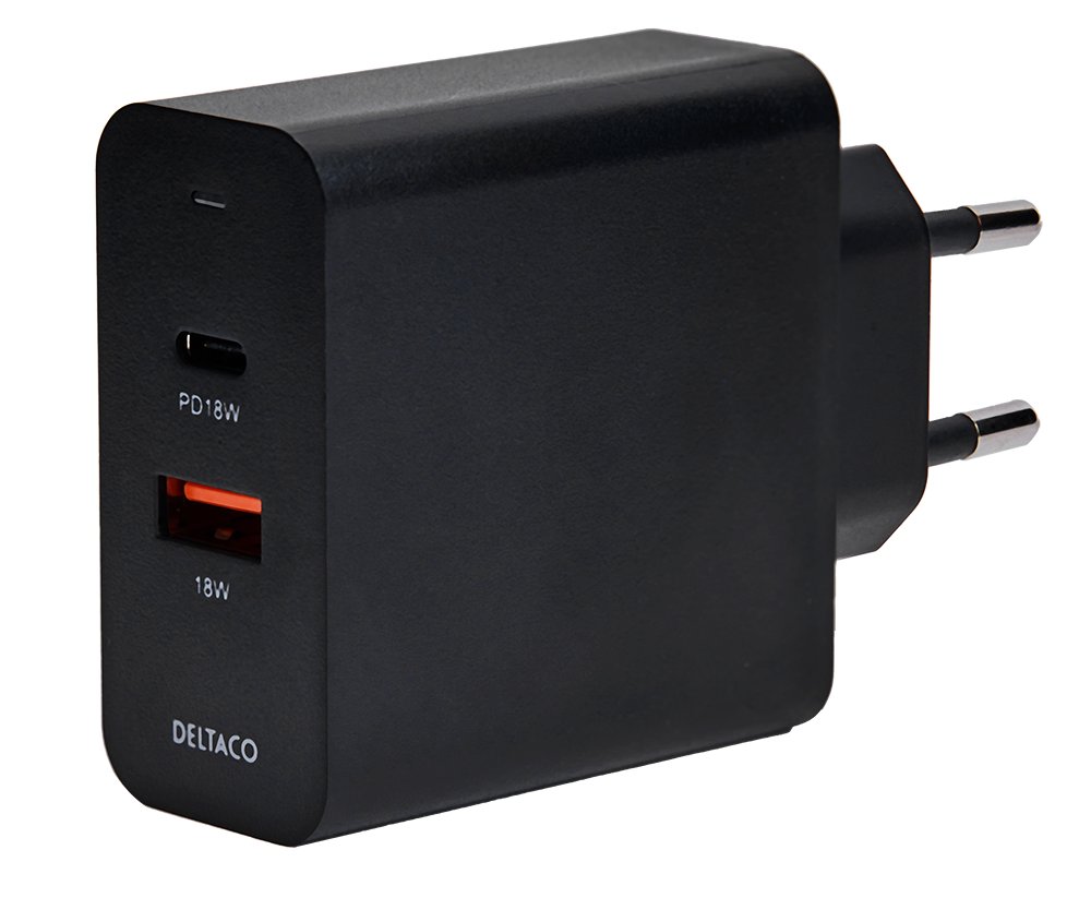 USB sieninis įkroviklis DELTACO w su dviem prievadais ir PD, 1x USB-A, 1x USB-C, PD, 36W, juodas / U