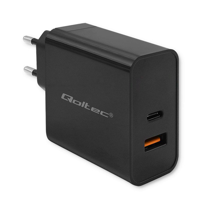 Qoltec 52380 Super greitas PD įkroviklis  1xUSB-C  1xUSB  65W  5-20V  1,5-3,25A  Juoda