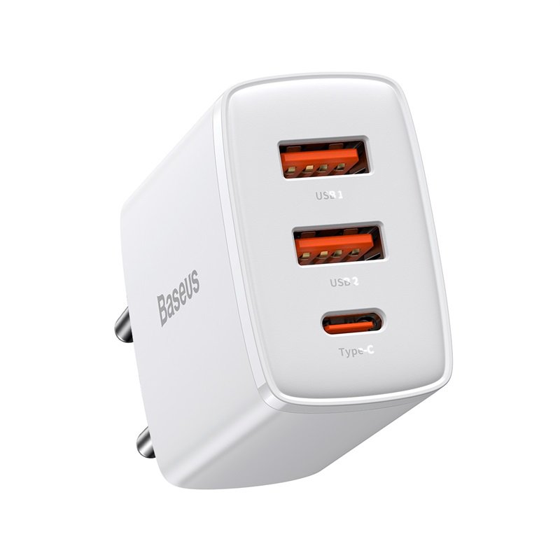 Sieninis įkroviklis BASEUS 30W 2xUSB + USB-C QC3.0 PD3.0, baltas