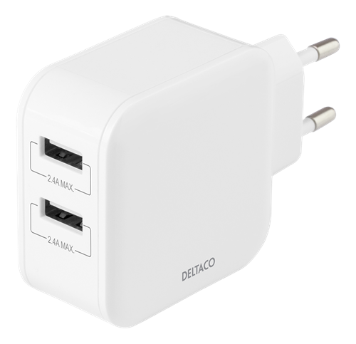 Įkroviklis DELTACO 2x USB-A, 2x 2,4 A, 24W, baltas / USB-AC175