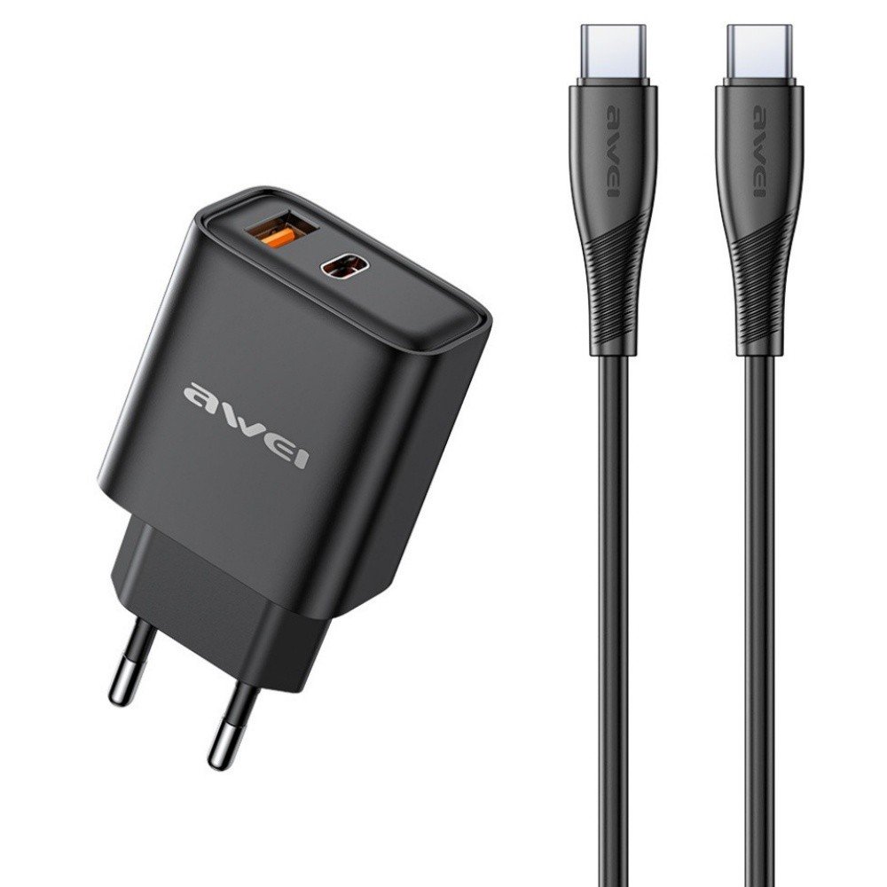 Įkroviklis Awei PD81C-EU USB-A/USB-C + USB-C to USB-C cable juodas