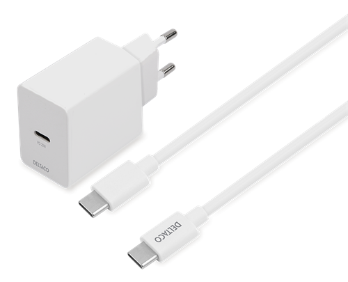 Įkroviklis DELTACO 20 W su USB-C - USB-C, 1m kabeliu, baltas / USBC-AC146