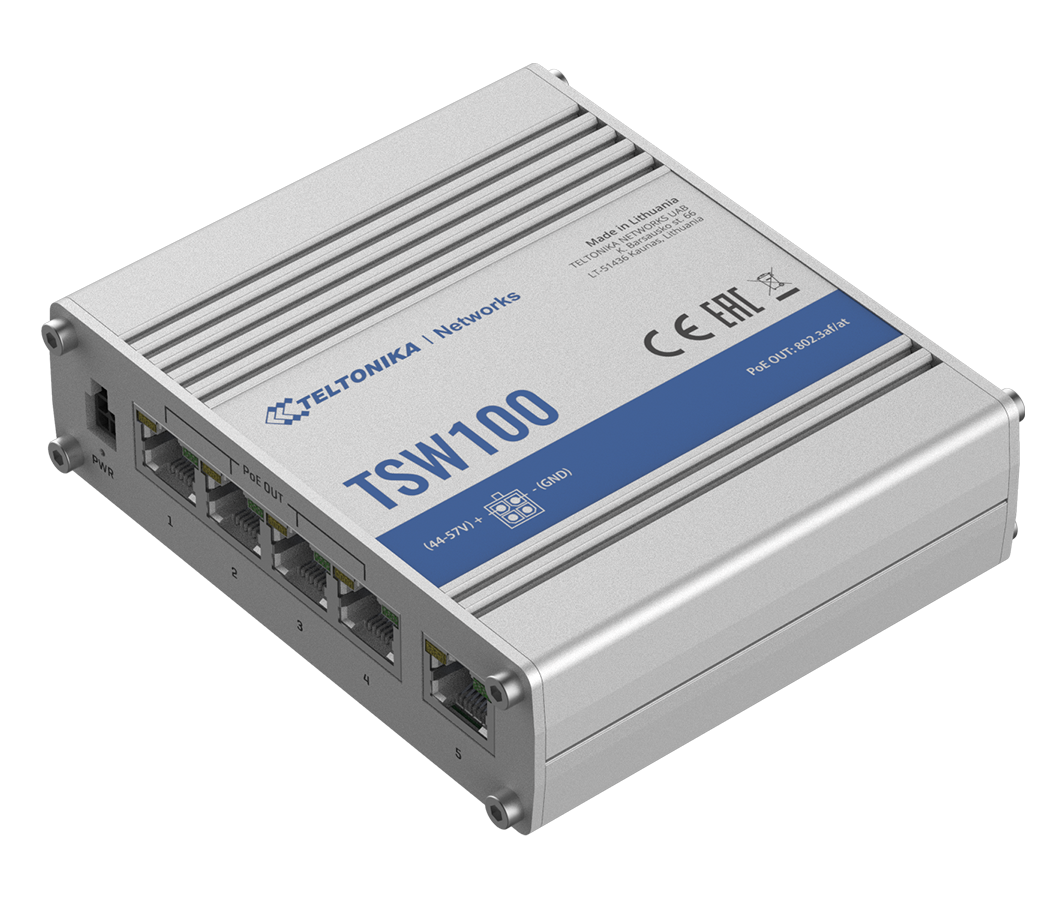 Teltonika | Industiral POE+ Swith | TSW100 | Unmanaged | Desktop | Gigabit Ethernet (copper) ports quantity 5 | Power over Ethernet (PoE) ports quantity 4 | PoE+ ports quantity 4 | 24 month(s)