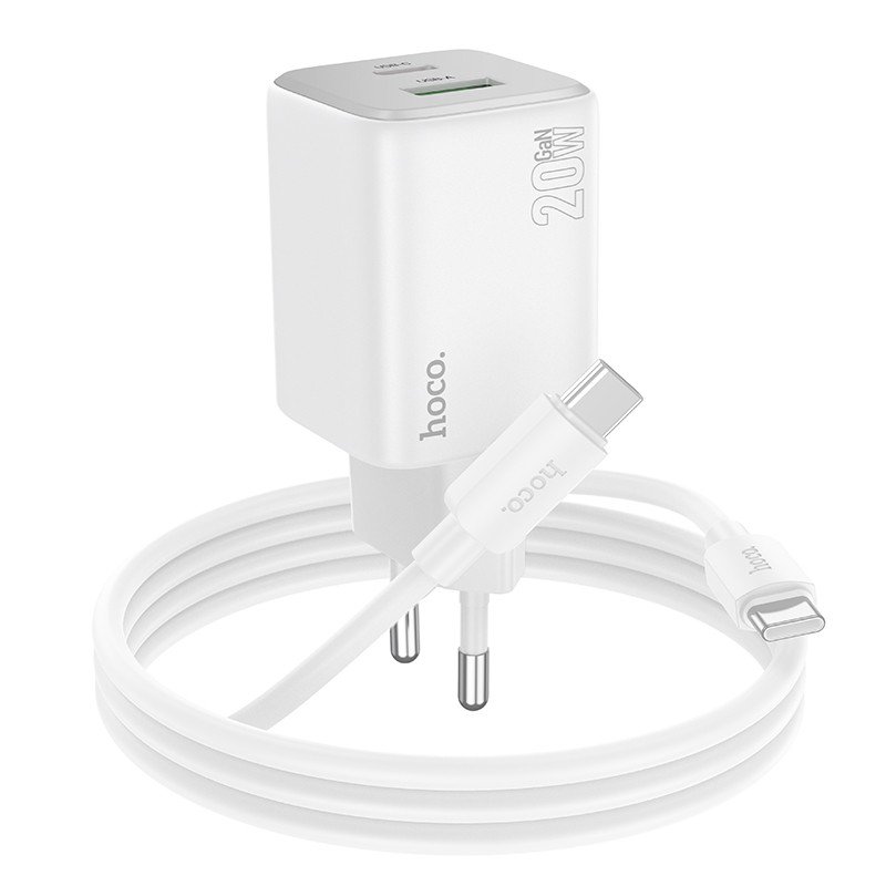 Įkroviklis Hoco N41 20W GaN USB-A/USB-C + USB-C to USB-C cable 1.0m baltas