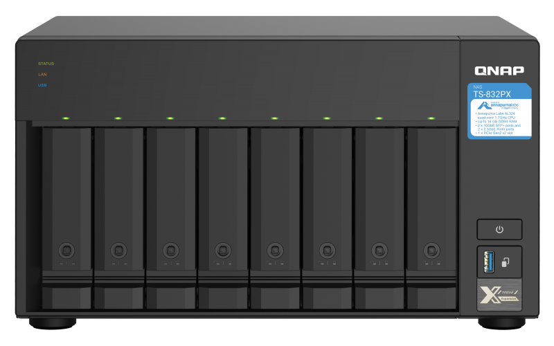 Diskų masyvas QNAP 8-Bay QTS NAS TS-832PX-4G Up to 8 HDD/SSD Hot-Swap, AL324 ARM Cortex-A57 Quad-Core, Processor frequency 1.7 GHz, 4GB, DDR4, 2x2.5Gb