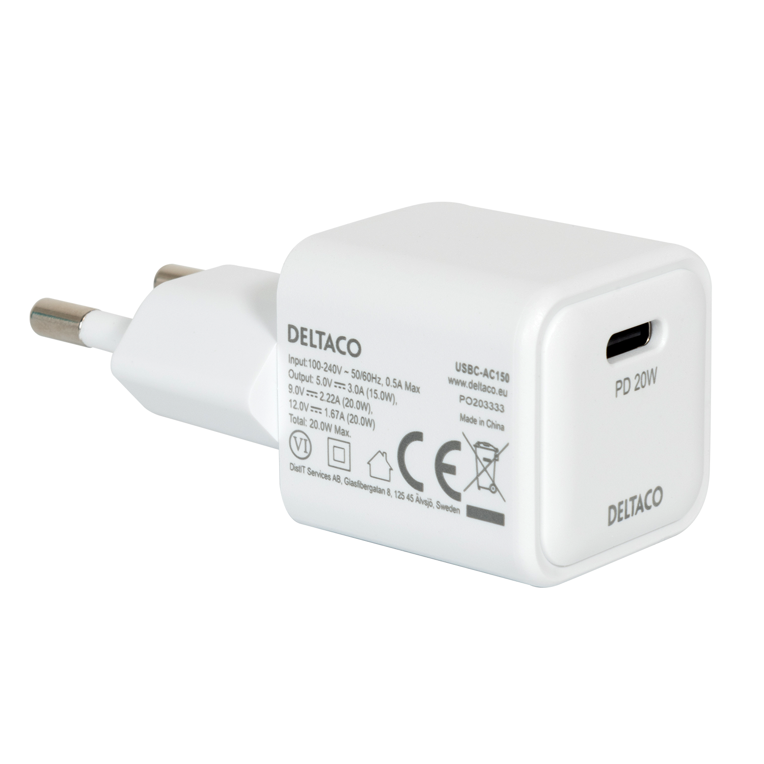 Adapteris DELTACO USB-C mini, 1x USB-C, PD 20 W, baltas/ USBC-AC150