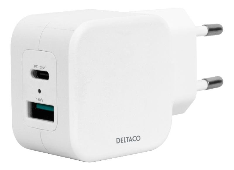 Adapteris DELTACO 1x USB-A 18 W, 1x USB-C PD 20 W, baltas / USBC-AC149