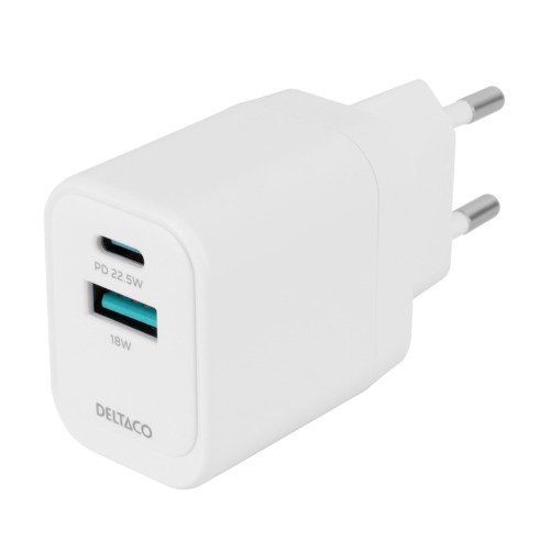 Adapteris DELTACO 1x USB-A 18 W, 1x USB-C PD 20 W, baltas / USBC-AC154