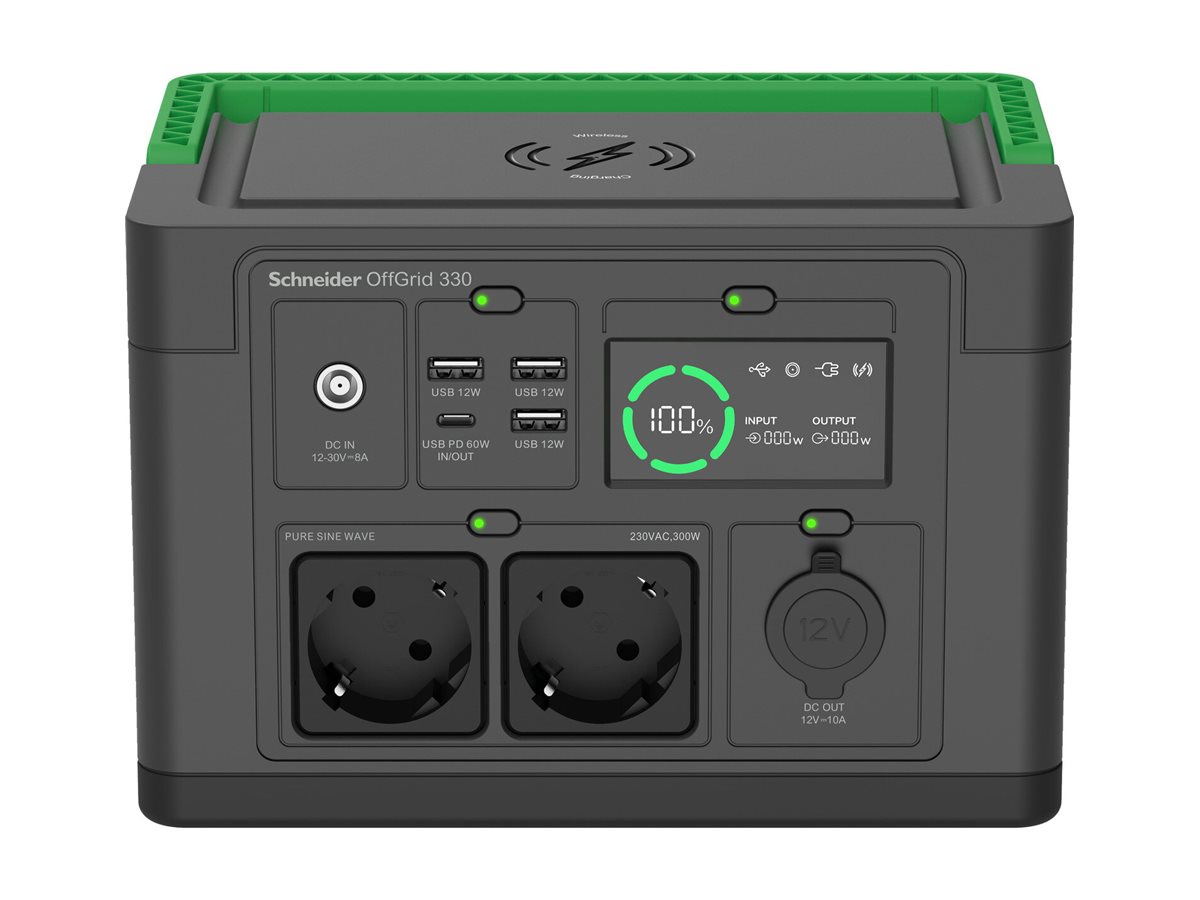 APC OffGrid Portable Power Station 330, 230V, 332Wh Lithium-ion, LCD, 2 CEE 7/3 Schuko outlets, Sinewave, 3 USB-A, 1 USB-C, Wireless Charger | Schneider Electric