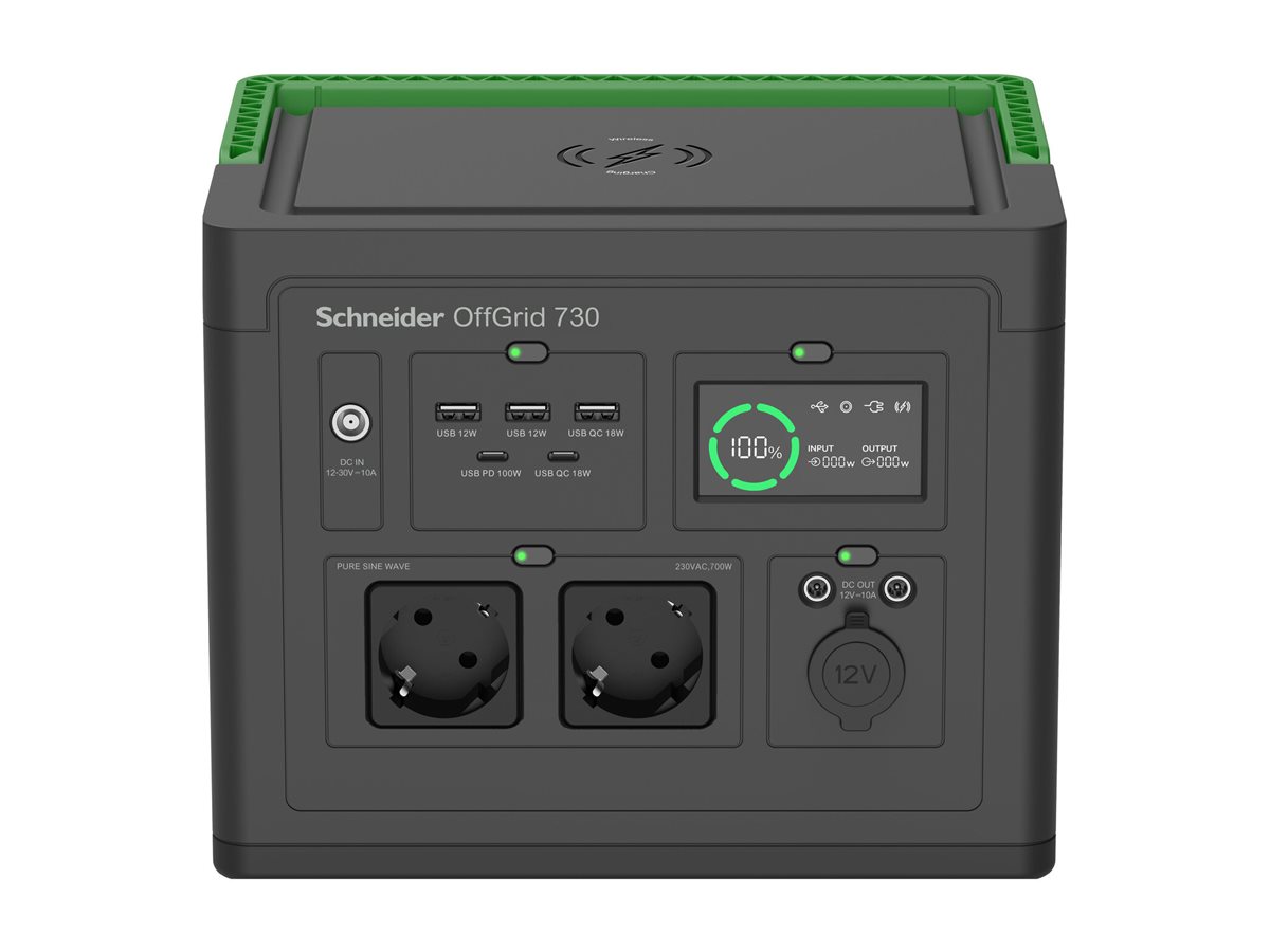 APC OffGrid Portable Power Station 730, 738Wh Lithium-ion, LCD, 2 CEE 7/3 Schuko outlets, Sinewave, 3 USB-A, 2 USB-C, Wireless Charger | Schneider Electric