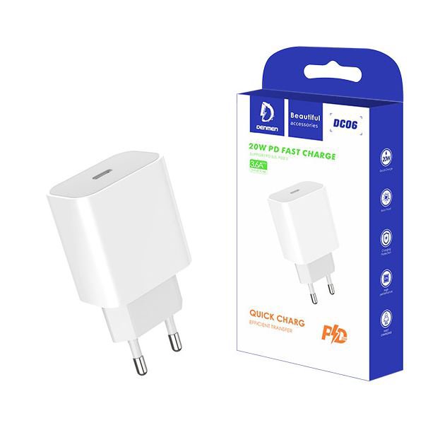 Įkroviklis DENMEN DC06 SINGLE 3.6A 20W WHITE 3600mAh TYPE-C