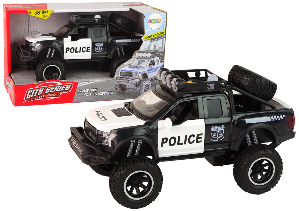 Policijos automobilis su garso ir šviesos efektais, juodas