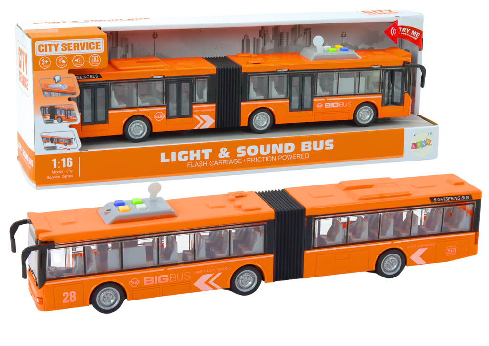 Miestinis autobusas 1:16 su šviesomis ir garsais, oranžinis