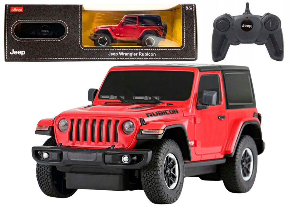 Nuotoliniu būdu valdomas Jeep Wrangler Rubicon modelis, raudonas