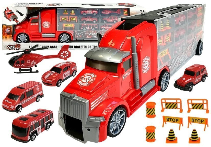 Ugniagesių sunkvežimis su automobiliais ir sraigtasparniu