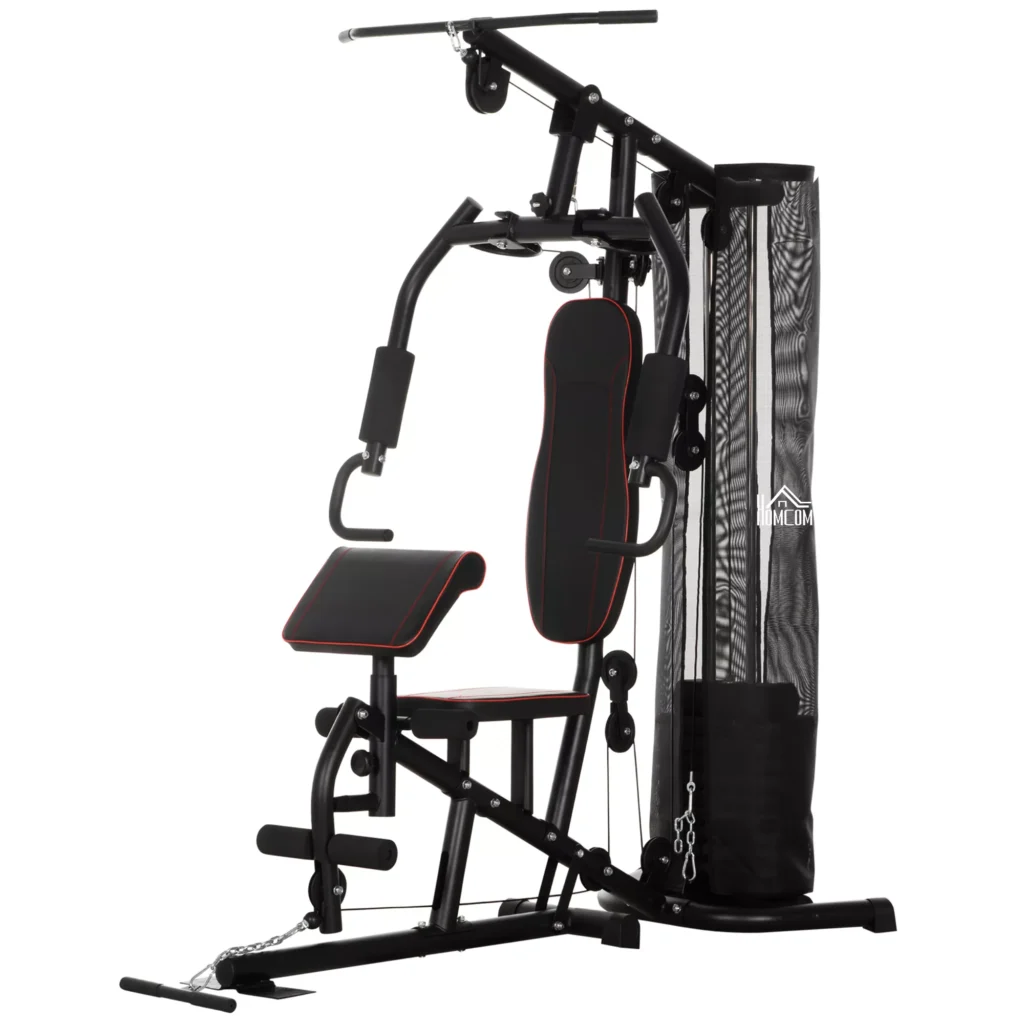 Daugiafunkcinė treniruoklių stotelė su lat pull-down ir butterfly baru, svarmenų suoliuku, krūtinės presu su 45 kg svorio blokais
