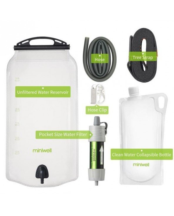 Miniwell lauko vandens filtras Gravity Water Filter System, skirtas žygiams, stovyklavimui, išgyvenimui ir kelionėms