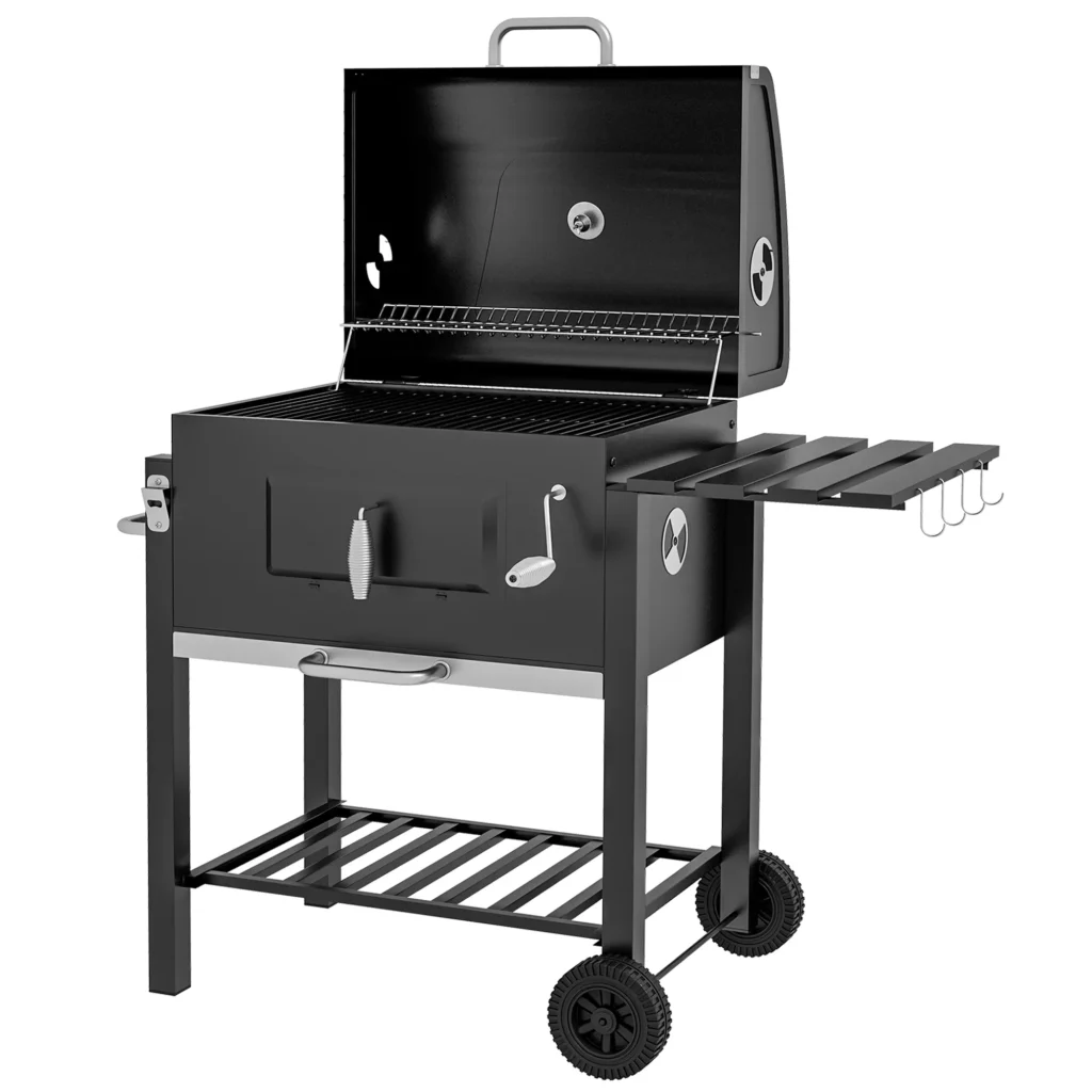 Medžio anglių kepsninė BBQ stovas, nerūdijantis plienas, juodas, 113x65x108cm