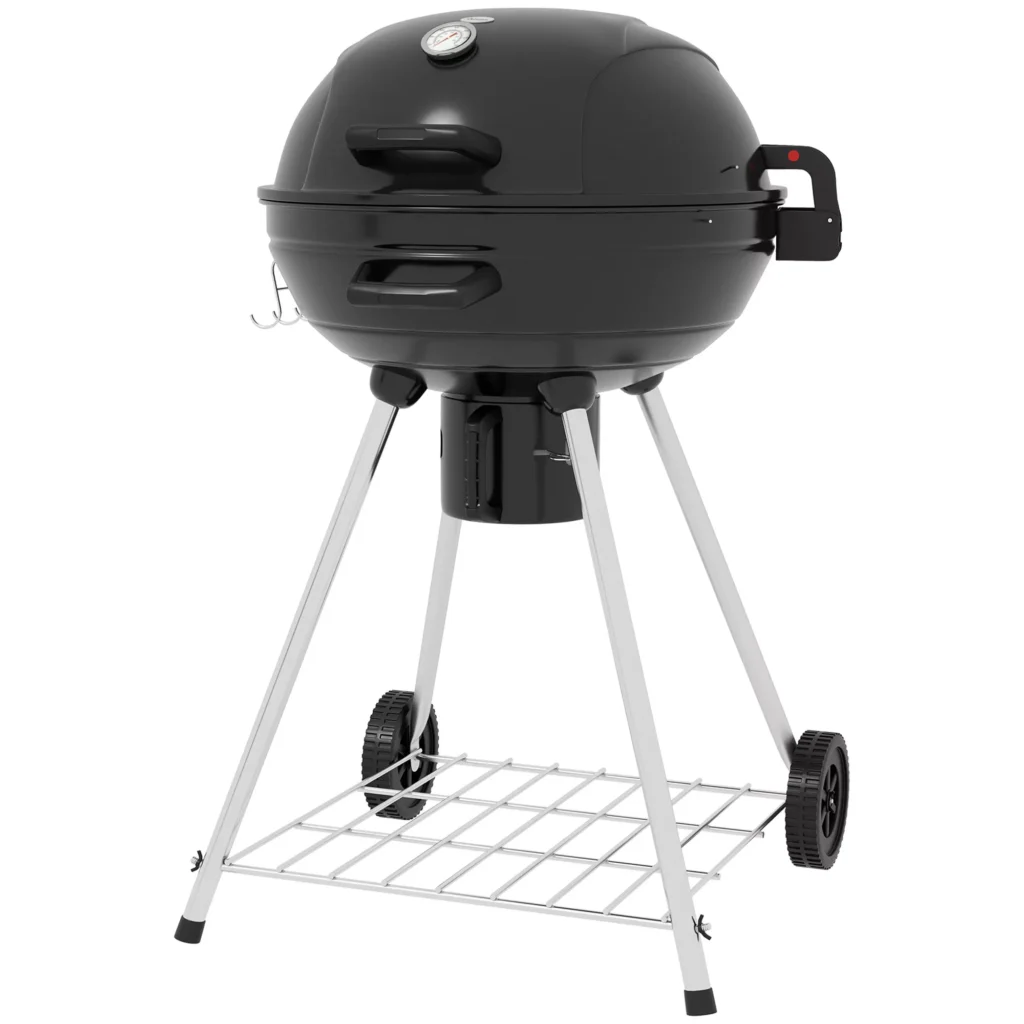 Medžio anglių kepsninė, BBQ su grotelėmis, ratukais, lentyna, pelenų gaudykle, integruotu termometru