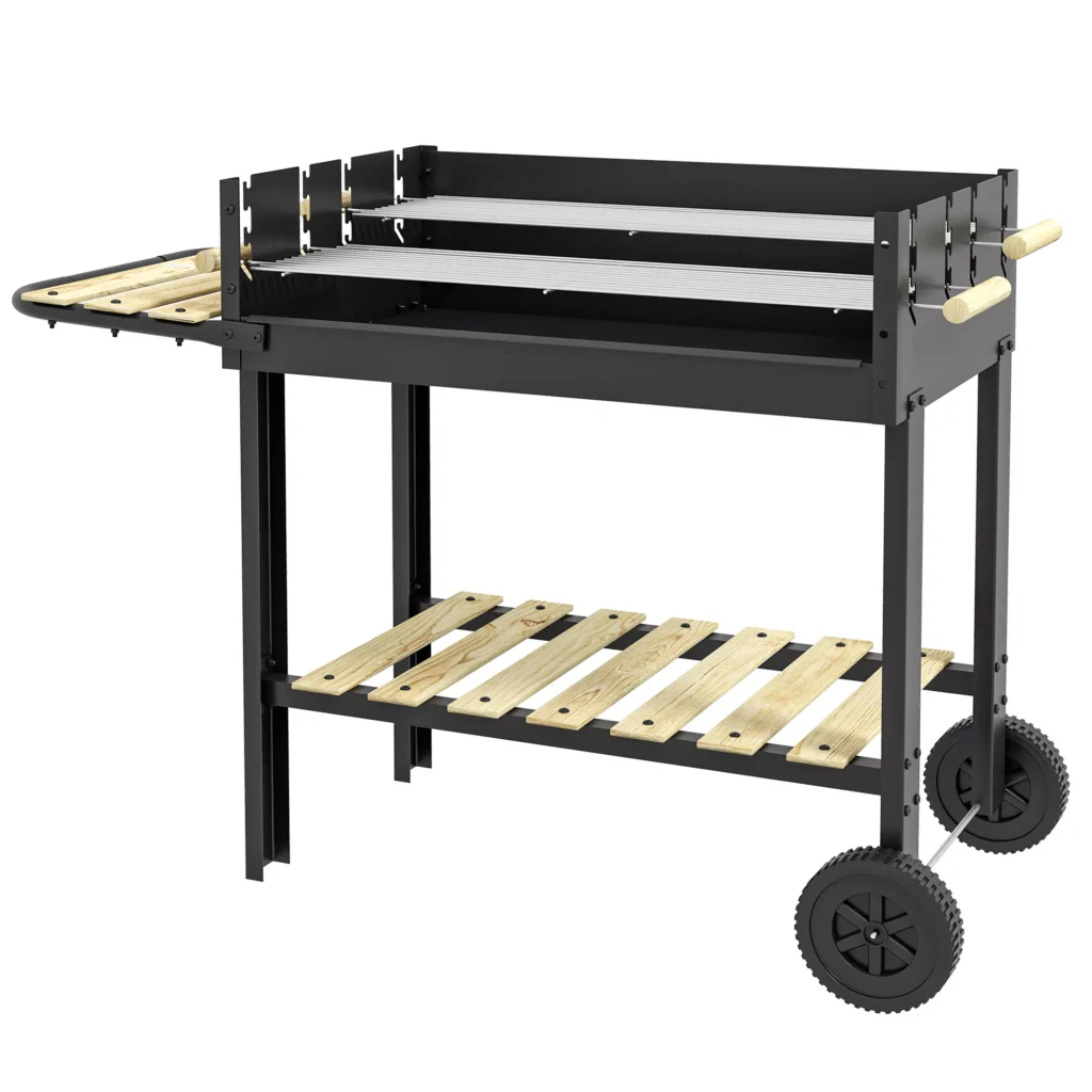 Medžio anglių kepsninė, BBQ kempingo kepsninė su dviem grotelėmis, lentyna, rankena, metalinė, juoda, 113x53.5x82.5cm