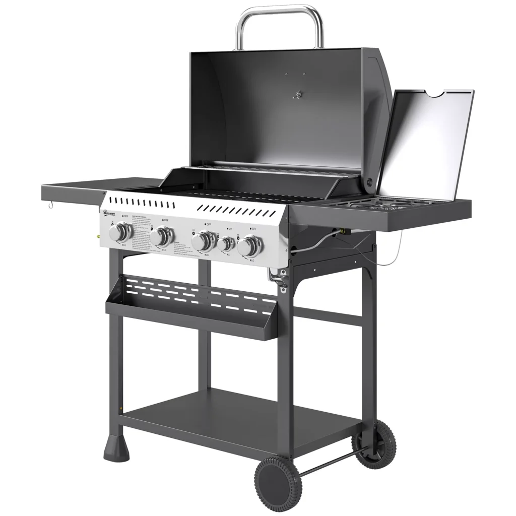 Outsunny dujinės kepsninės vežimėlis 12 KW 4+1 degiklis BBQ grilis iš nerūdijančio plieno, su šoniniu degikliu, termometru, grotelėmis, virykle, butelių atidarytuvu, šoninėmis lentynomis, dujinis grilis balkonui, stovyklavimui, 135 x 55 x 103 cm