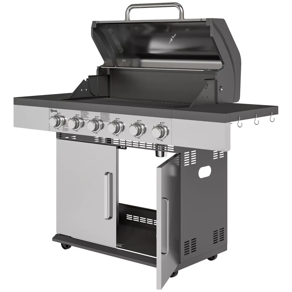 Outsunny dujinis grilis 8500BTU, grilio vežimėlis su 6 nerūdijančio plieno degikliais, ratukai, termometras, slėgio reduktorius, dujų žarna, dangtis, šoninės lentynos, kepsninė sodo grilis balkonui, kempingo grilis 141 x 55 x 110 cm