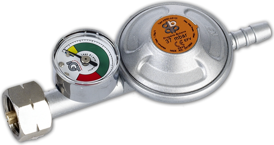 Bradas Gas reducer 37mbar 1.5kg/h with safety valve and manometer for hose 9-10mm (RG A310IE-M)