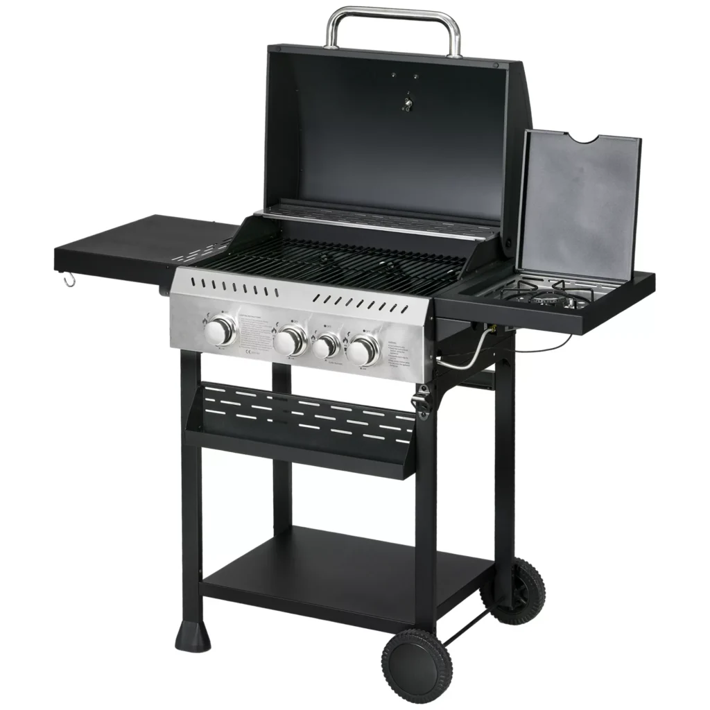 Outsunny dujinis grilis 3 KW 3+1 degiklis, nerūdijančio plieno BBQ grilio vežimėlis, su šoniniu degikliu, termometru, grotelėmis, virykle, butelių atidarytuvu, šoninėmis lentynomis, balkonui, kempingui, 123 x 52 x 101 cm