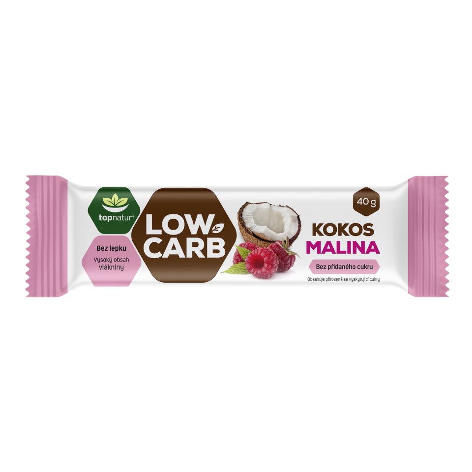 LOW CARB batonėlis su kokosu ir avietėmis be glitimo ir be pridėtinio cukraus | TopNatur (40 g)