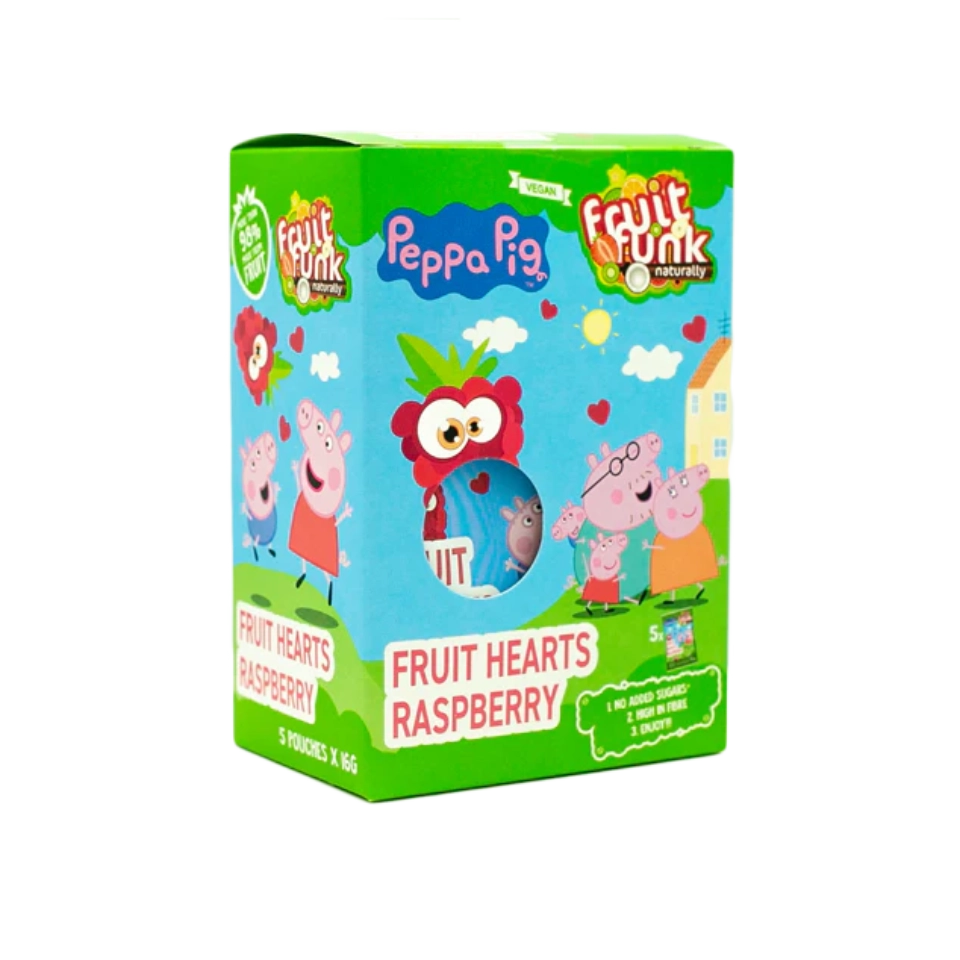 Peppa Pig aviečių skonio vaisių širdelės, be pridėtinio cukraus | FruitFunk (5x16 g)