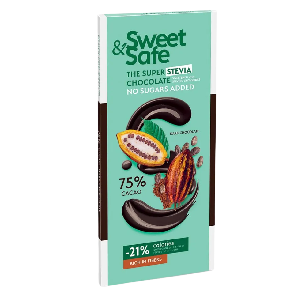 KETO 75% juodasis šokoladas, saldintas eritritoliu ir stevia | Sweet&Safe (90 g)