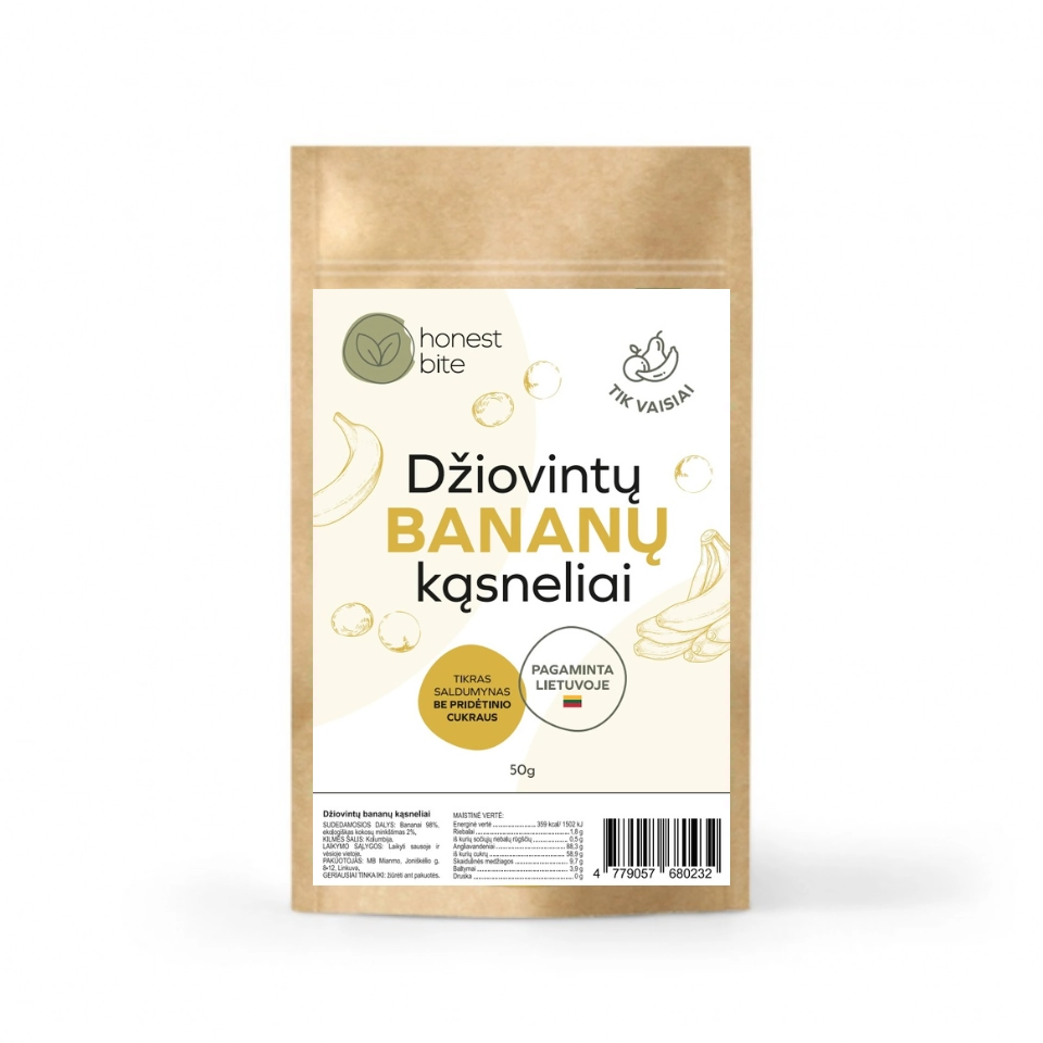 Džiovintų bananų kąsneliai, be pridėtinio cukraus | honestbite (50 g)