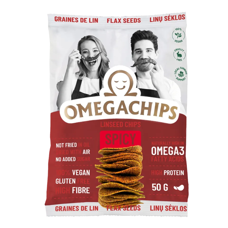 Linų sėmenų traškučiai SPICY | Omegachips (50 g)