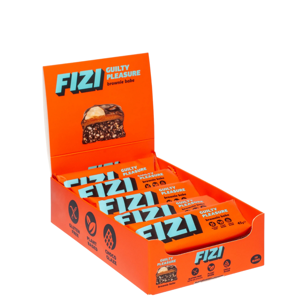 Dėžutė batonėlių su šokolado glazūra "BROWNIE BABE", be pridėtinio cukraus | Fizi (10x45 g)
