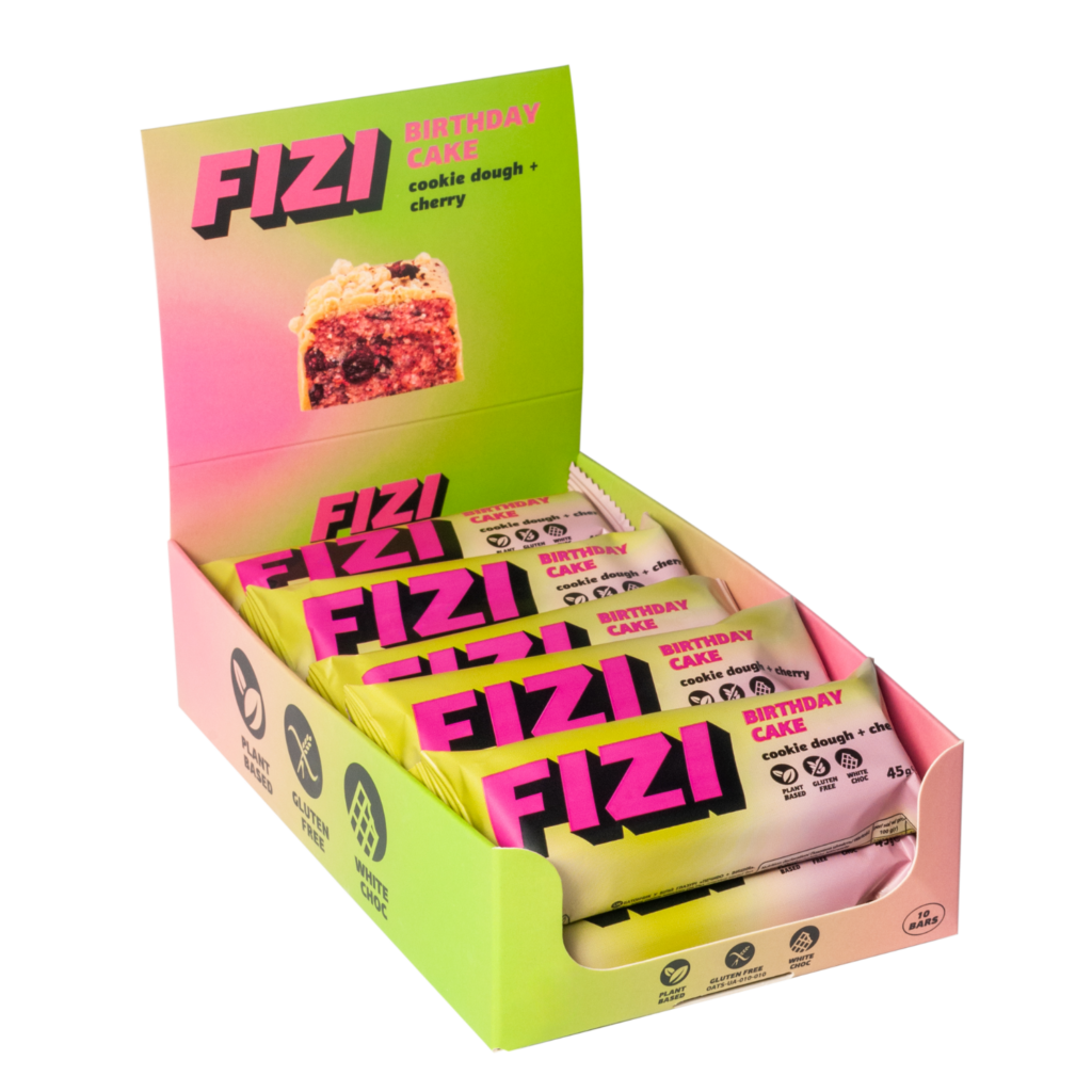 Dėžutė batonėlių su balto šokolado glazūra "COOKIE DOUGH + CHERRY", be pridėtinio cukraus | Fizi (10x45 g)
