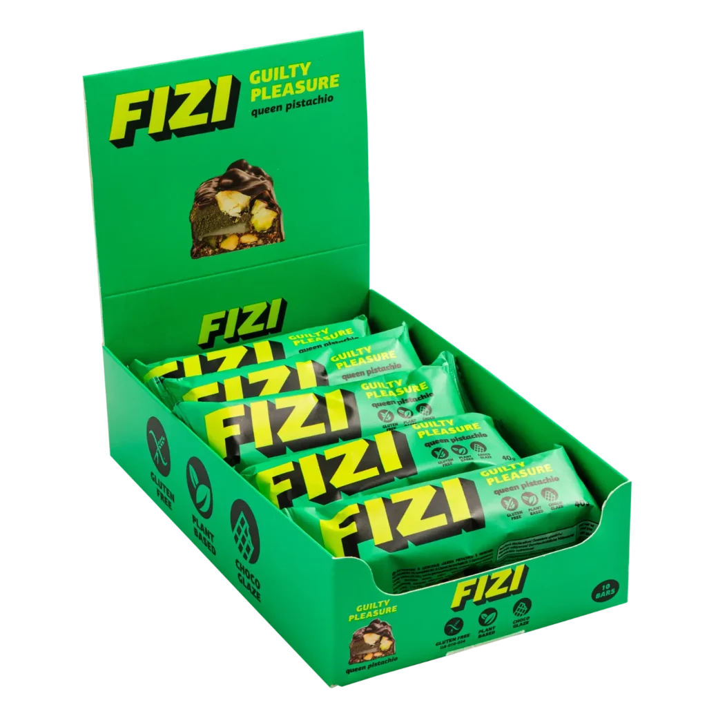 Dėžutė šokoladu aplietų batonėlių „QUEEN PISTACHIO“ | Fizi (10 x 40 g)