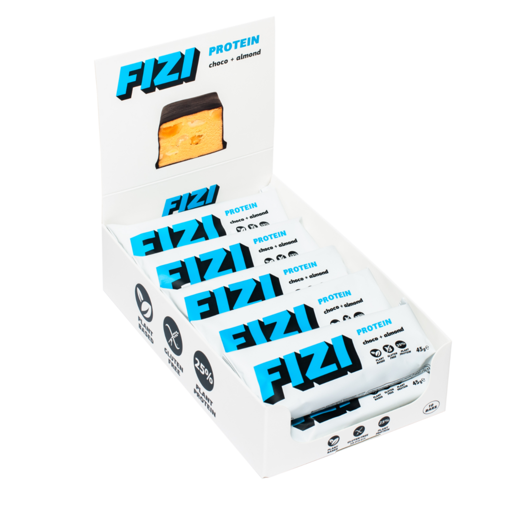 Dėžutė baltymininių batonėlių su šokolado glazūra "CHOCO + ALMOND", be pridėtinio cukraus | Fizi  (10x45 g)