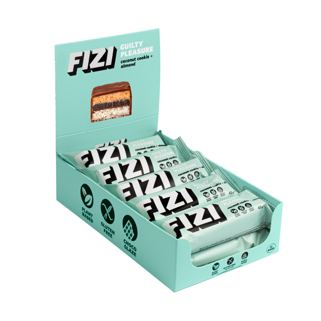 Dėžutė batonėlių su šokolado glazūra "COCONUT COOKIE + ALMOND", be pridėtinio cukraus | Fizi (10x45 g)