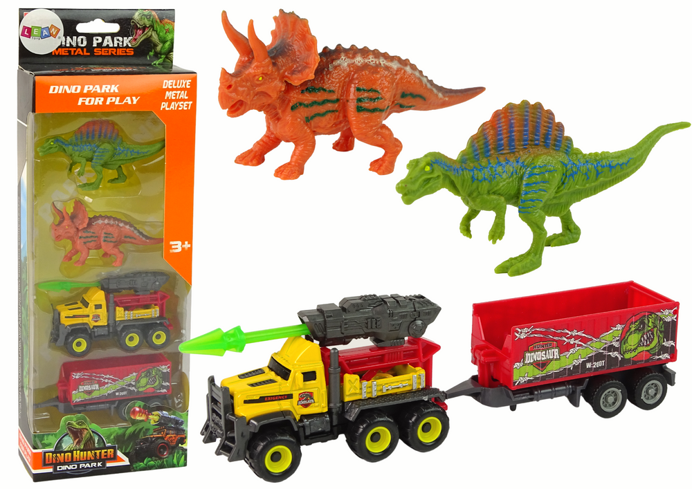 Dinozaurų ir automobilio su priekaba rinkinys, geltonas
