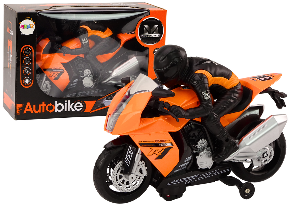 Motociklas su motociklininku, oranžinis
