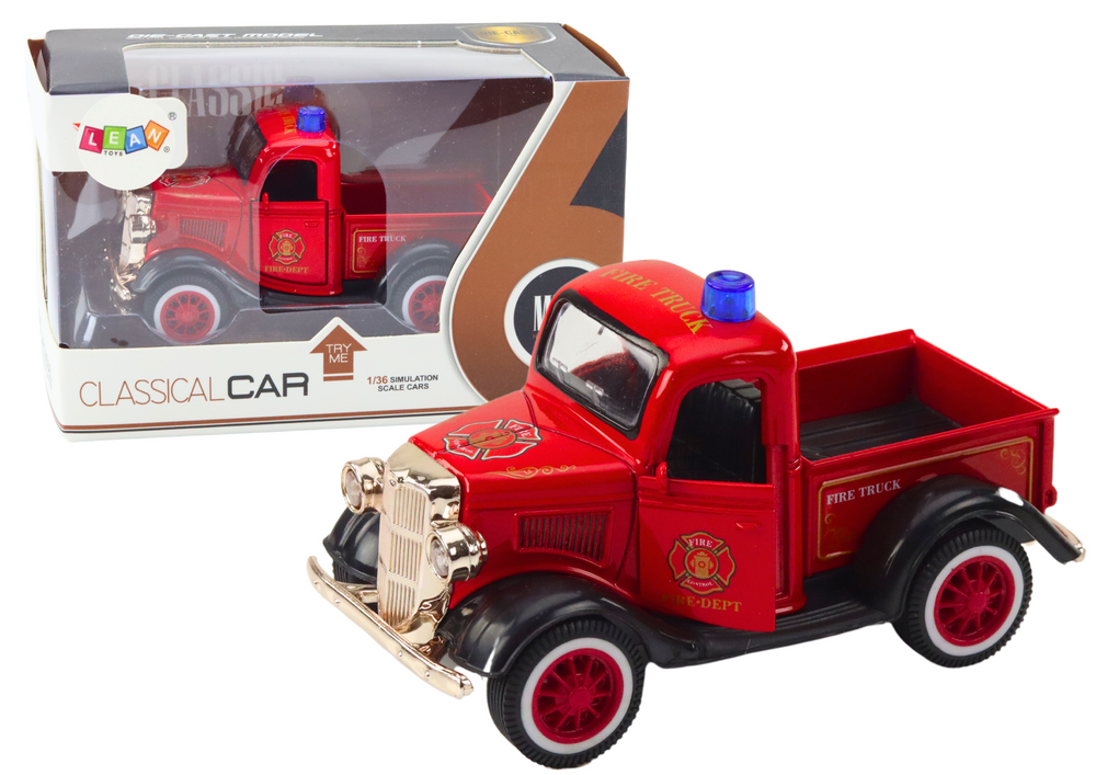 Klasikinis gaisrinės automobilis 1:36 su šviesomis ir garsais, raudonas