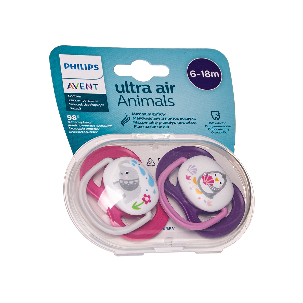 PHILIPS AVENT ULTRA AIR, silikoninis čiulptukas, dekoruotas, 6-18 mėn., SCF080/08 (1/893), 2 vnt.