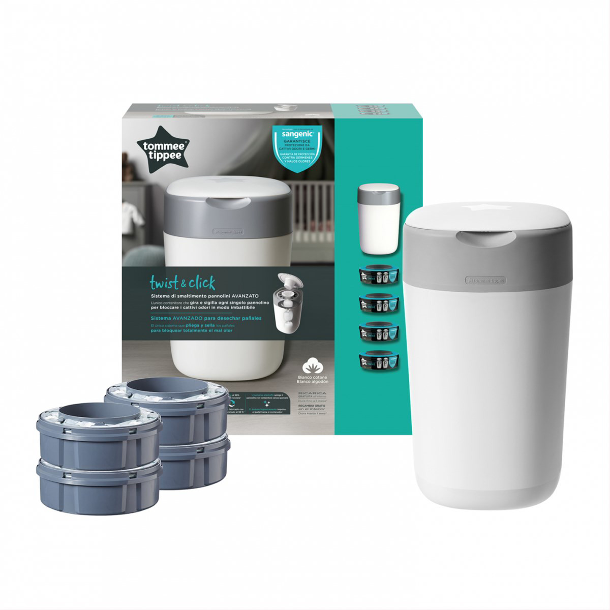 TOMMEE TIPPEE SANGENIC, konteineris sauskelnėms Twist and Click Tub, su 4 kasetėm