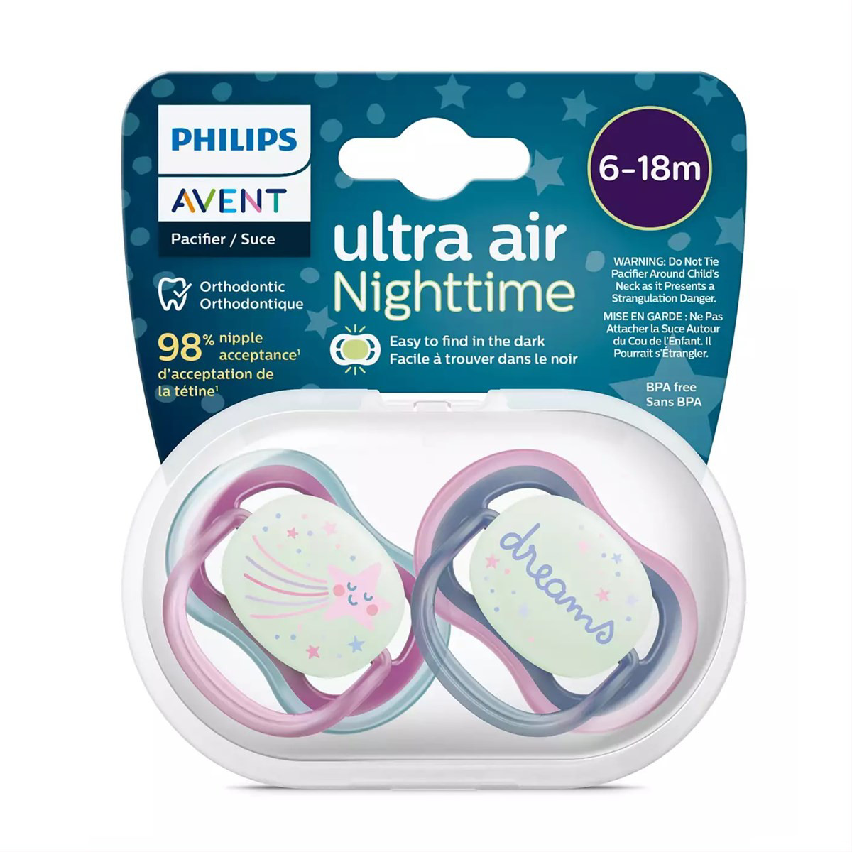 PHILIPS AVENT, silikoninis čiulptukas, 6-18mėn., Ultra Air, naktinis, SCF376/14, 2vnt.