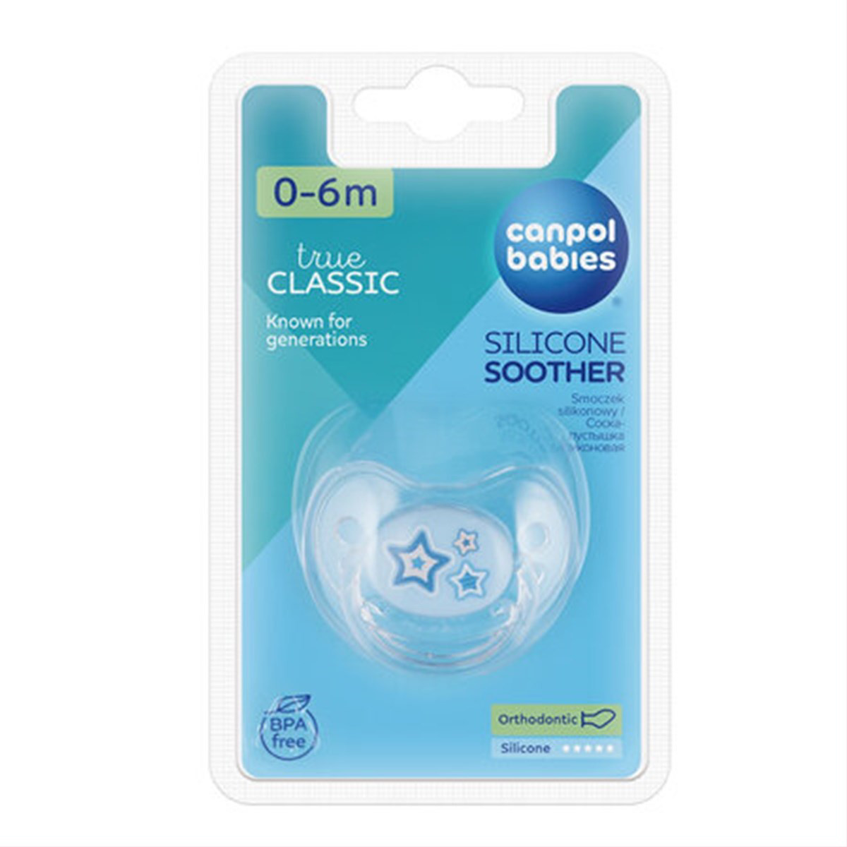CANPOL BABIES NEWBORN, silikoninis ortodontinis čiulptukas, 0-6 mėn., mėlynas, žvaigždės, 22/565