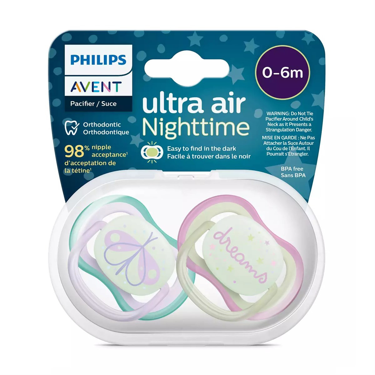 PHILIPS AVENT, silikoninis čiulptukas, 0-6mėn., Ultra Air, Naktinis, SCF376/19, 2vnt.