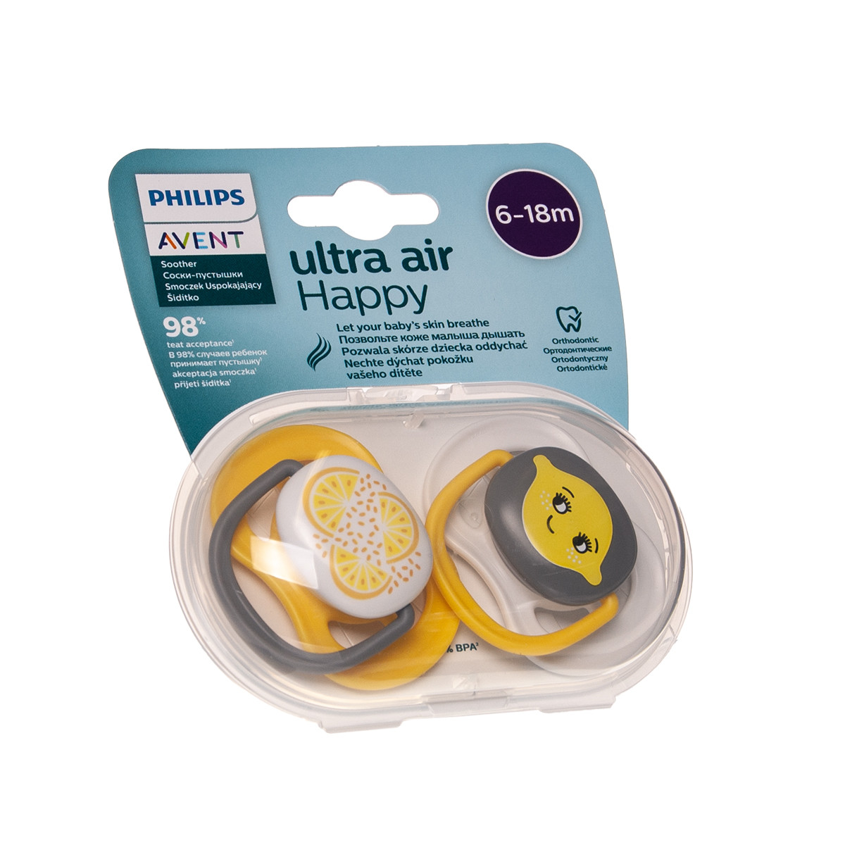 PHILIPS AVENT ULTRA AIR, silikoninis čiulptukas, 6-18mėn., Citrina, SCF080/18