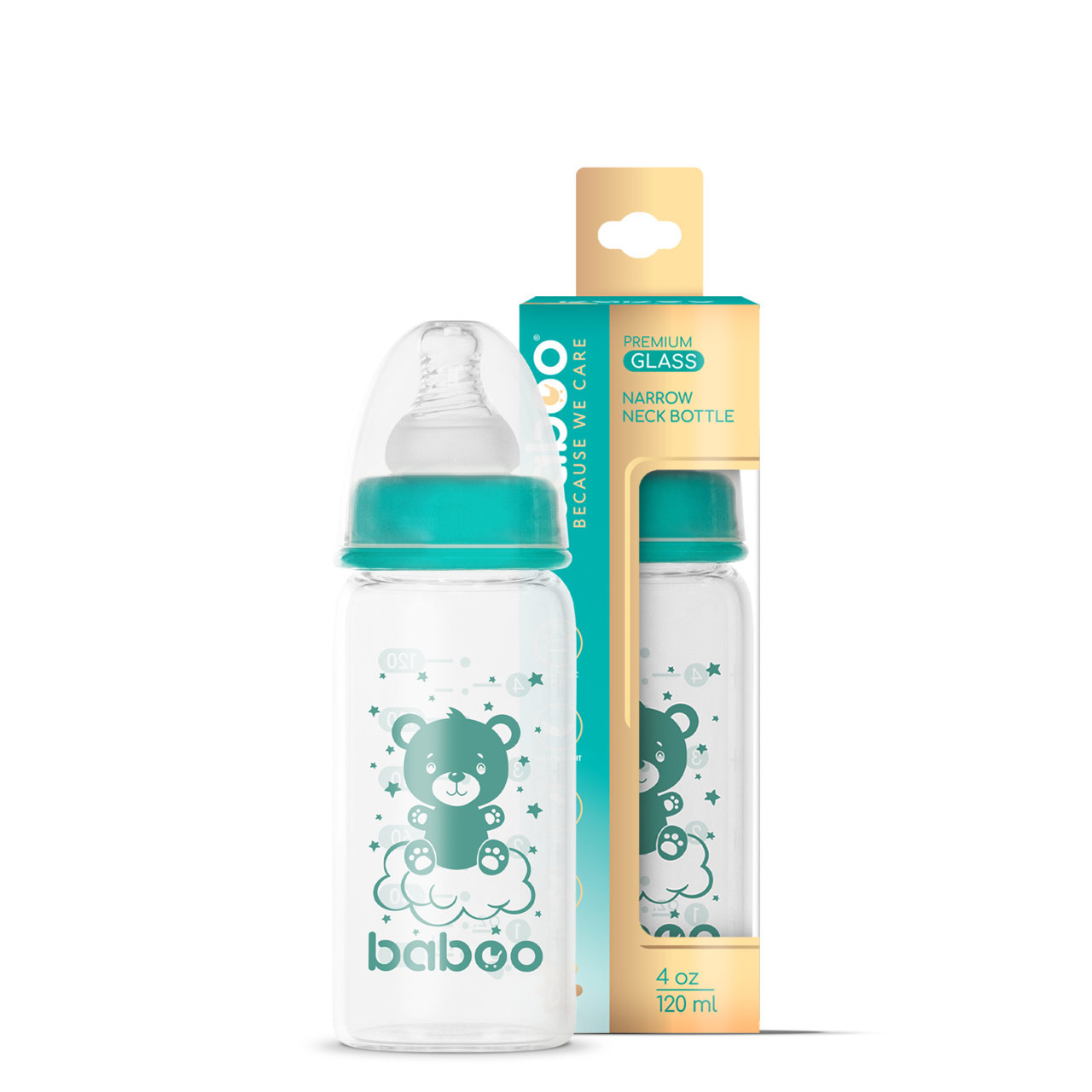 Baboo Anti-Colic Stiklinis Maitinimo Buteliukas, Siauro Kaklelio, 120 ml, 0+ Mėn